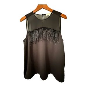 Michael Kors Feather Trim Black Sleeveless Top Size L